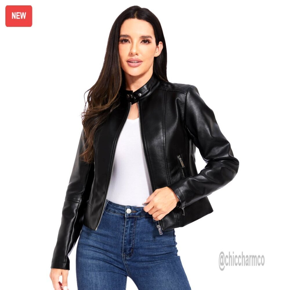 Cropped Faux Leather Motorcycle Jacket Chic Biker Blazer Casual S-XXL